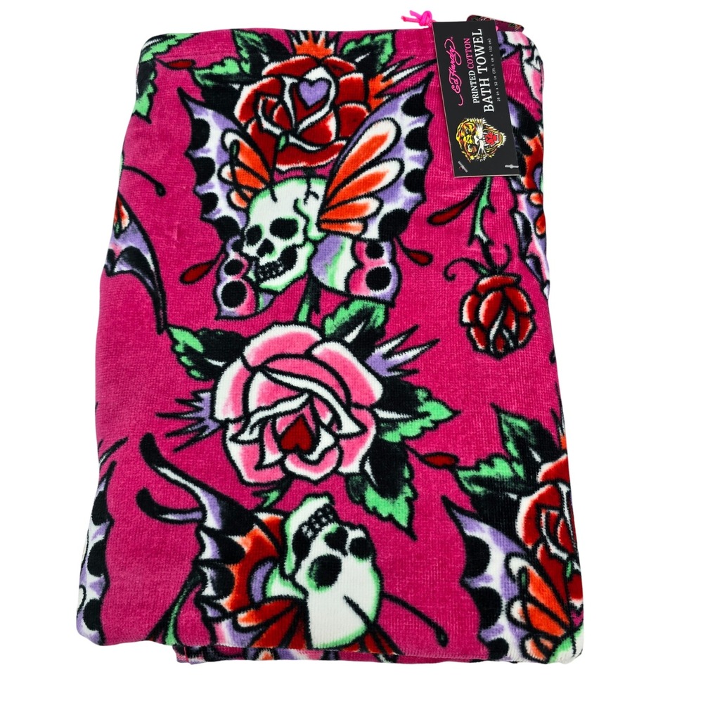 Ed Hardy Pink Skull Butterfly Rose Tattoo Print Cotton Bath Towel New NWT 28x52